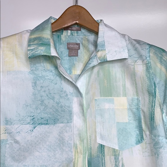 CHICOS Watercolor Print No Iron Pocket Button Top - Picture 3 of 9